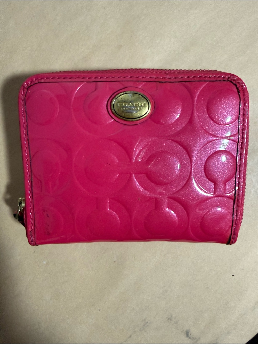 Coach Peyton Optic Pomegranate Pink Patent Signature Zip Around Wallet